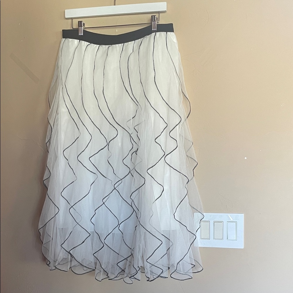Whimsy Balletcore Fairy White Layered Tulle Midi Skirt with Black Trim Waistband